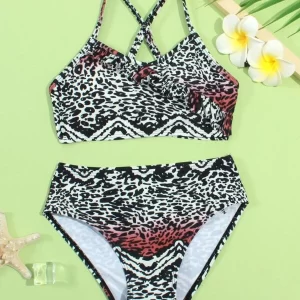 SHEIN Girls Leopard Criss Cross Ruffle Bikini Swimsuit