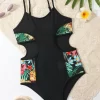 SHEIN Teen Girls Random Tropical Print Cut Out Waist One Piece Swimsuit