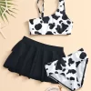 SHEIN 3pack Toddler Girls Cow Print Asymmetrical Bikini Swimsuit & Beach Skirt