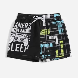 SHEIN Boys Gamepad & Slogan Graphic Drawstring Waist Shorts