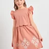 SHEIN Girls Butterfly Sleeve Scallop Trim Top & Geo Graphic Skirt Set