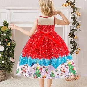 Alternative view of Shein Girls Christmas Santa Claus & Snowman Print Belted Gown Dress
