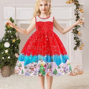 Shein Girls Christmas Santa Claus & Snowman Print Belted Gown Dress