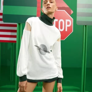 SHEIN X Romina Mesh Insert Letter & Colorblock Graphic High Neck Pullover