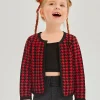 SHEIN Toddler Girls Houndstooth Print Contrast Binding Open Front Jacket