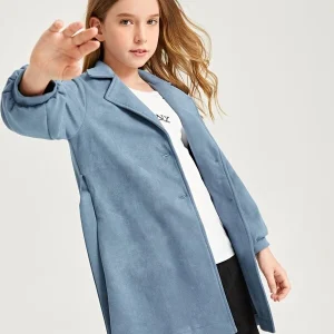 Alternative view of SHEIN Girls Lapel Neck Bishop Sleeve Belted Suedette Coat