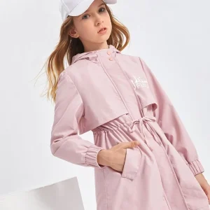 SHEIN Girls' Drawstring Zipper Pocket Letter Casual Outerwear