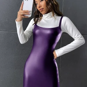 SHEIN EZwear Solid PU Leather Bodycon Dress Without Tee
