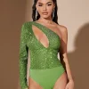 SHEIN BAE One Shoulder Cut Out Front Sequin Bodysuit