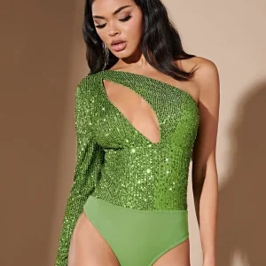 Alternative view of SHEIN BAE One Shoulder Cut Out Front Sequin Bodysuit