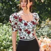 SHEIN Modely Floral Print Puff Sleeve Sweetheart Neck Tee