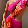 SHEIN Colorblock Ruffle Trim Cut Out One Shoulder One Piece Swimsuit