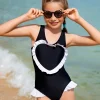 SHEIN Girls Heart Patched Frill Trim One Piece Swimsuit