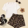 SHEIN Toddler Girls Ribbed Knit Tee & Leopard Print Shorts