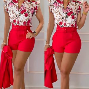 CHICME Floral Baroque Print Flutter Sleeve Top & Shorts Set