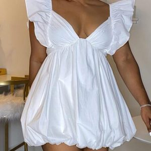 CHICME Plunge Ruffles Flutter Sleeve Ruched Mini Dress