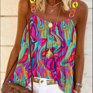 Multi-Color Abstract Print Chain Decor Flowy Cami Top