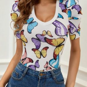 SHEIN Butterfly Print Puff Sleeve Skinny