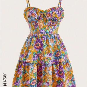 SHEIN VCAY Floral Print Ruffle Hem Cami Dress