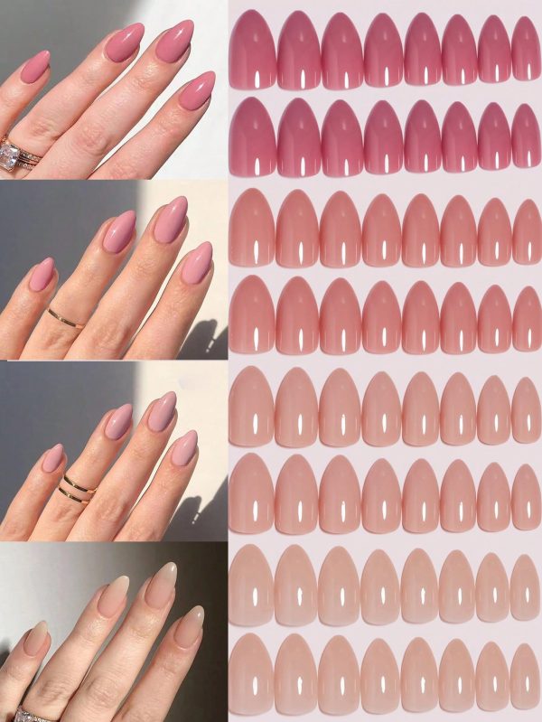 96Pcs(Pink Nude 4 Colors Combined) Autumn and Winter Nude Solid Shiny Colors Design Natural Looking Press on Nails Medium Fake Nails Almond Nails Set with Storage box as Gift for Women and Girls & 1sheet Tape & 1pc Nail File
