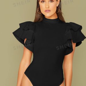SHEIN Privé Mock-Neck Layered Exaggerate Butterfly Sleeve Fitted Black Bodysuit