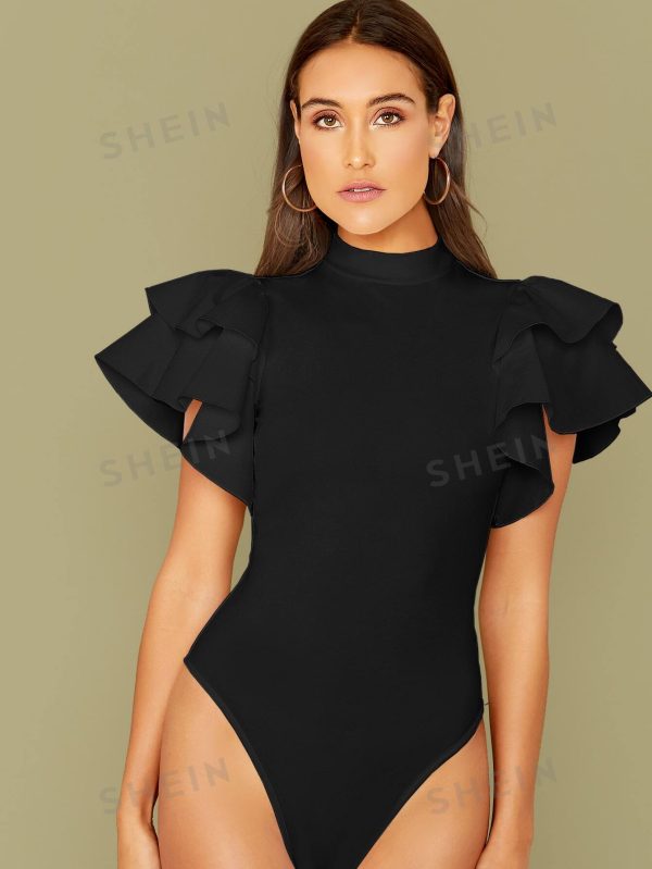 SHEIN Privé Mock-Neck Layered Exaggerate Butterfly Sleeve Fitted Black Bodysuit