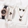 1pc Black PU Polyurethane Strap Fashionable Rhinestone Decor Round Dial Quartz Watch & 5pcs Butterfly Decor Jewelry Set, For Daily Life