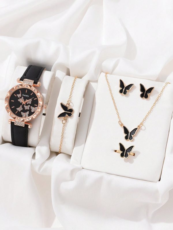1pc Black PU Polyurethane Strap Fashionable Rhinestone Decor Round Dial Quartz Watch & 5pcs Butterfly Decor Jewelry Set, For Daily Life