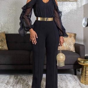 SHEIN Slayr Club Women Outfits Black High Elasticity Elegant Sexy Dating Daily Hollow Shoulders + Ruffle Details Mesh + Lantern Sleeves Elegant Commuting Flared Pants Women's Jumpsuit
