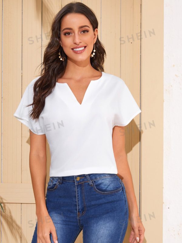 SHEIN Clasi Notched Neck Batwing Sleeve Top