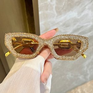 1pc Gold-plated Women's Cat Eye Sunglasses With Rhinestone For Outdoors, Traveling, And Sun Protection