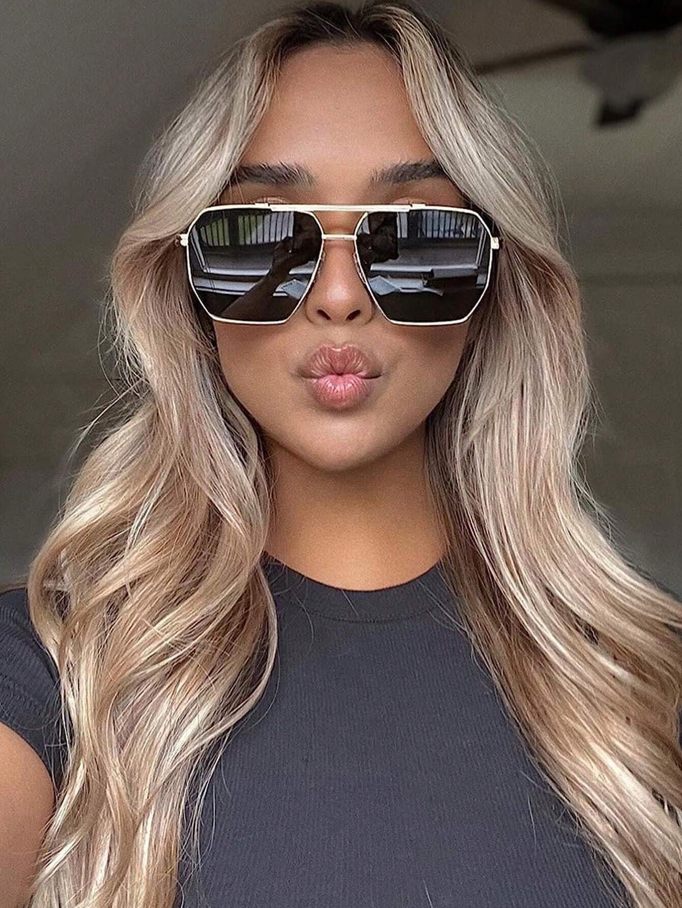 SheIN 1pc Metal Y2k Style Futuristic Square Double Beam Unisex Trendy Personality Sun-shading Sunglasses