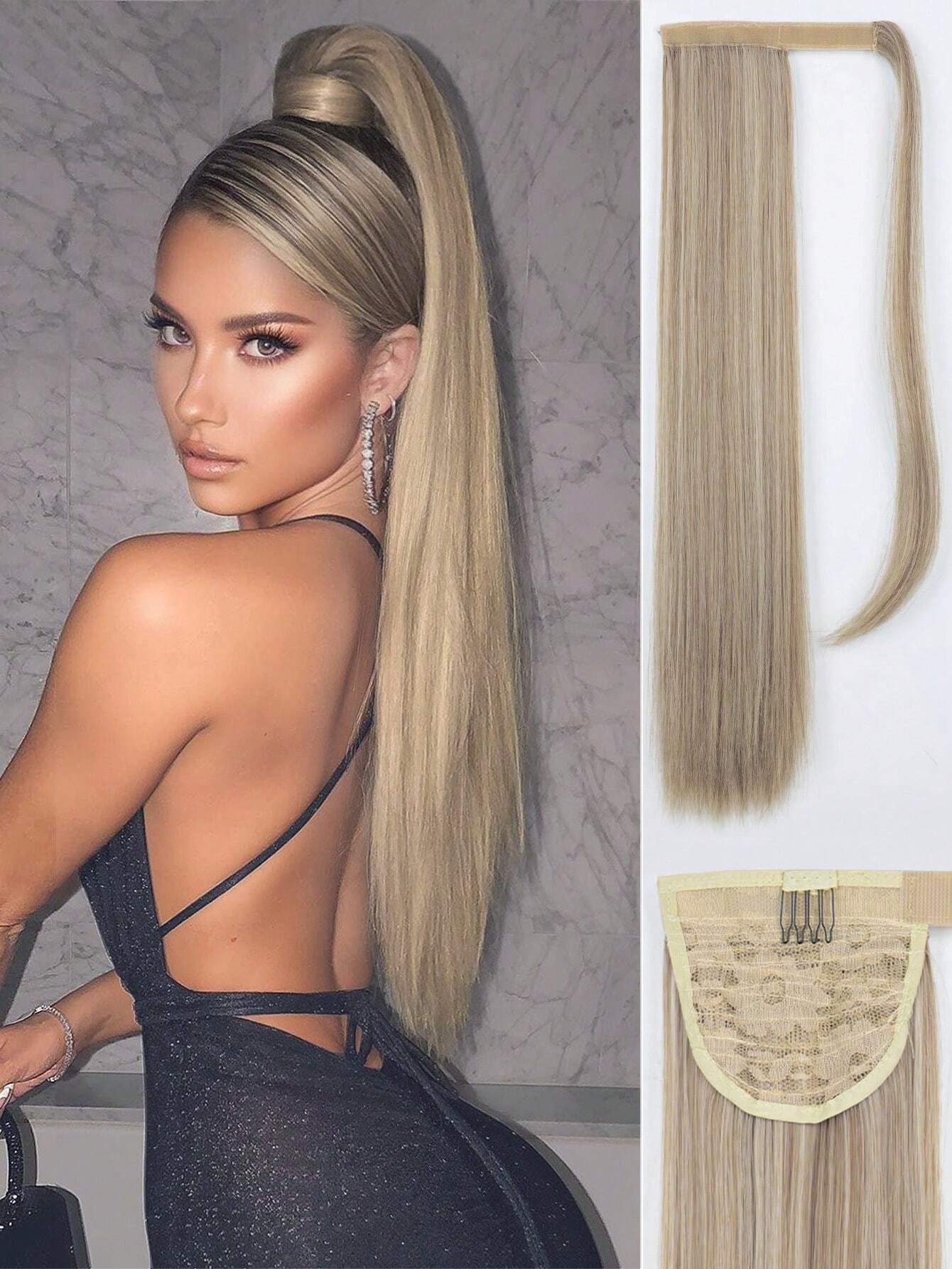 Clip In Ponytail Extension Wrap Around Long Straight Pony Tail Hair 26 Inch Heat Resistant Fiber Synthetic Hairpiece For Girl Women Daily Use