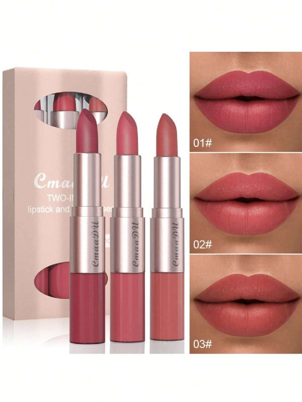 Long-Lasting Lip Gloss, 3Pcs Double-Ended Matte Waterproof Lipstick Lip Makeup Set