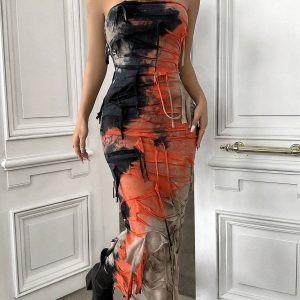 SHEIN EZwear Women's Tie-Dyed Distressed Strapless Dress