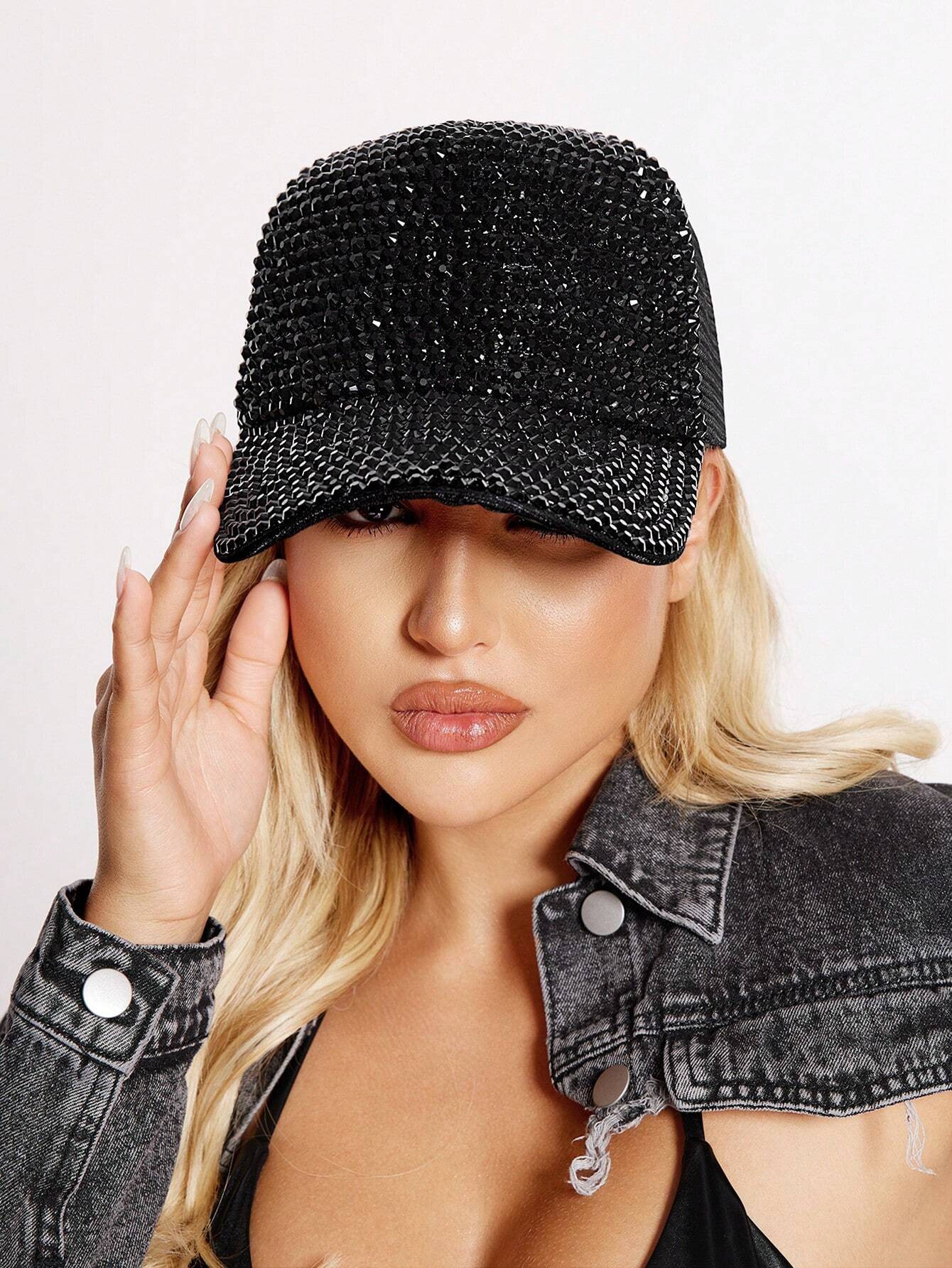 SHEIN SXY Black Breathable Baseball Cap With Diamond Decoration