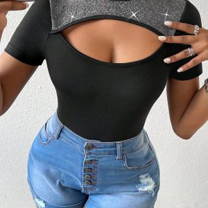 SHEIN SXY Silver Wire Patchwork Hollow Out Slim Fit T-Shirt With Decorative Cutout On Chest