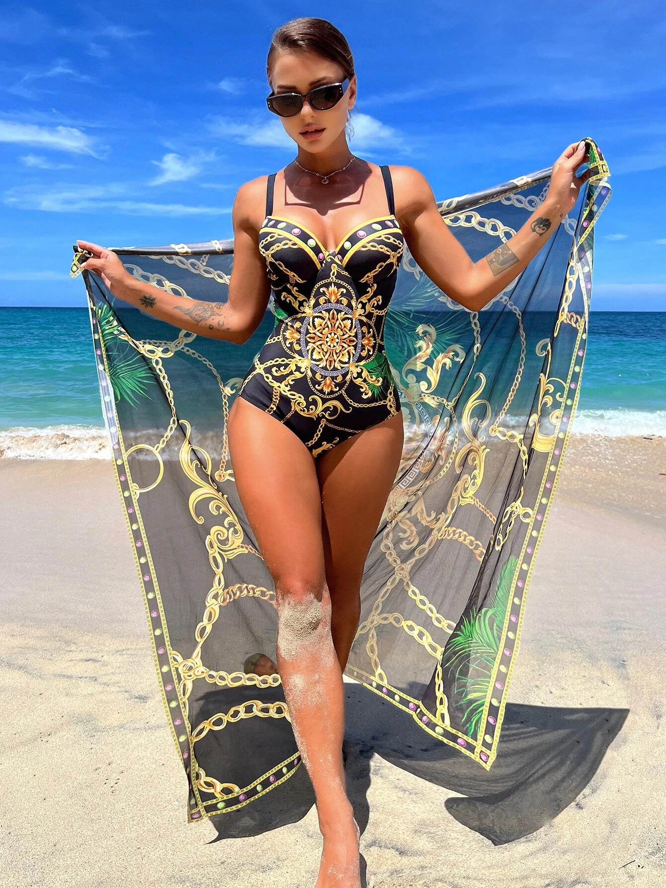 SHEIN VCAY Chain Print Push Up One Piece Swimsuit With Beach Skirt - Image 2