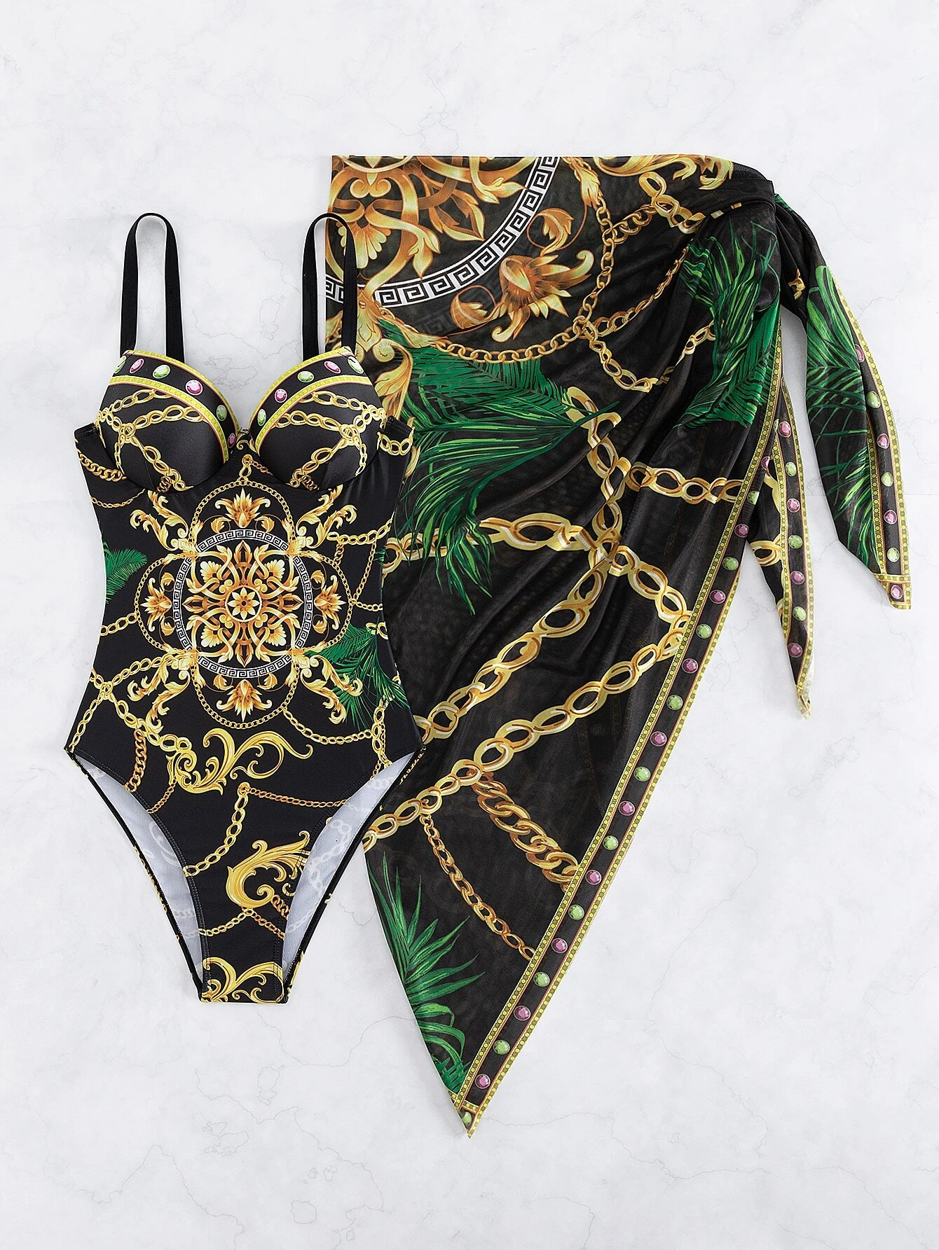 SHEIN VCAY Chain Print Push Up One Piece Swimsuit With Beach Skirt - Image 5