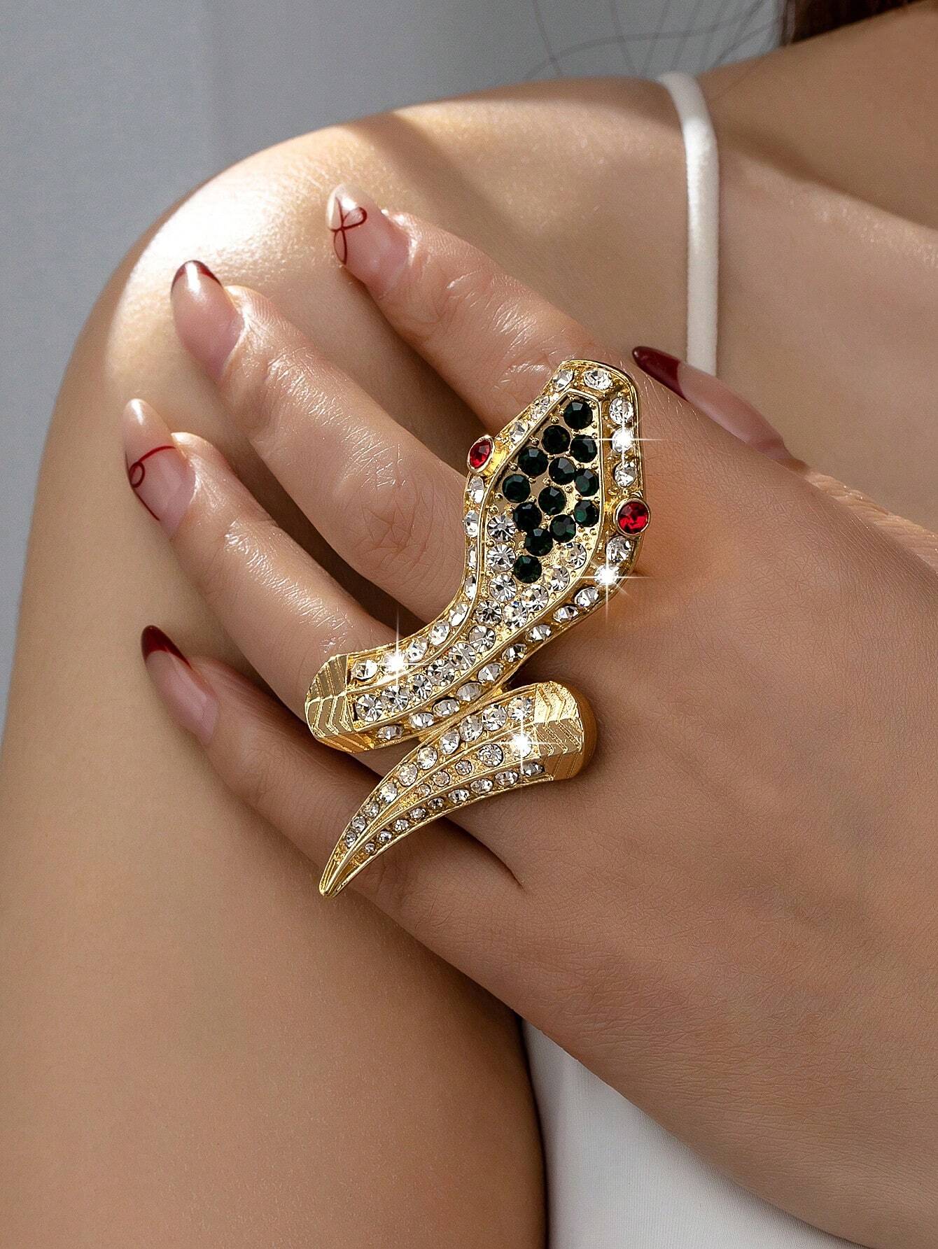 1pc European And American Personality Fashionable Daily Wear All-Match Gold Plated Snake Ring With Full Rhinestone Decor