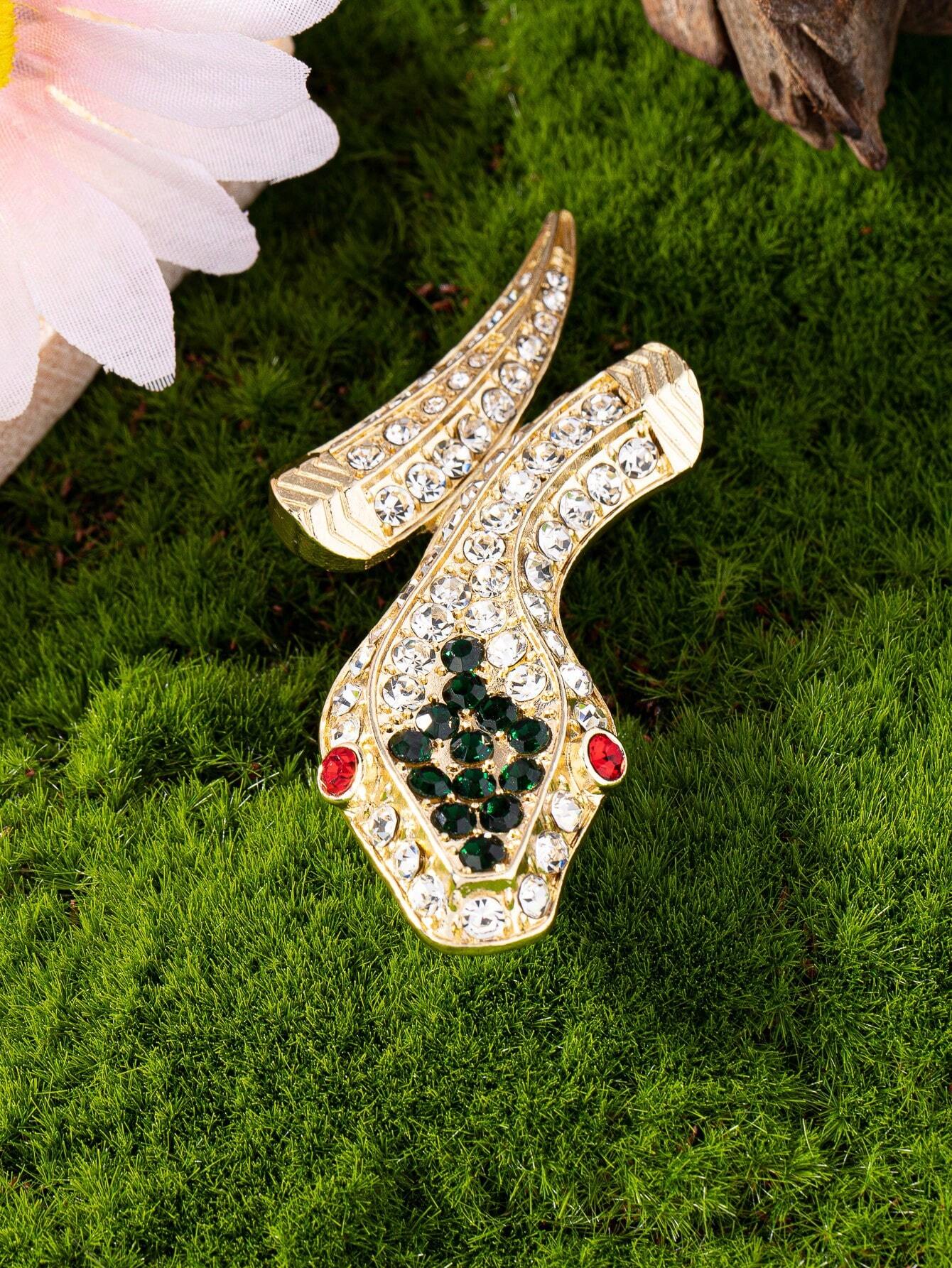 1pc European And American Personality Fashionable Daily Wear All-Match Gold Plated Snake Ring With Full Rhinestone Decor - Image 2