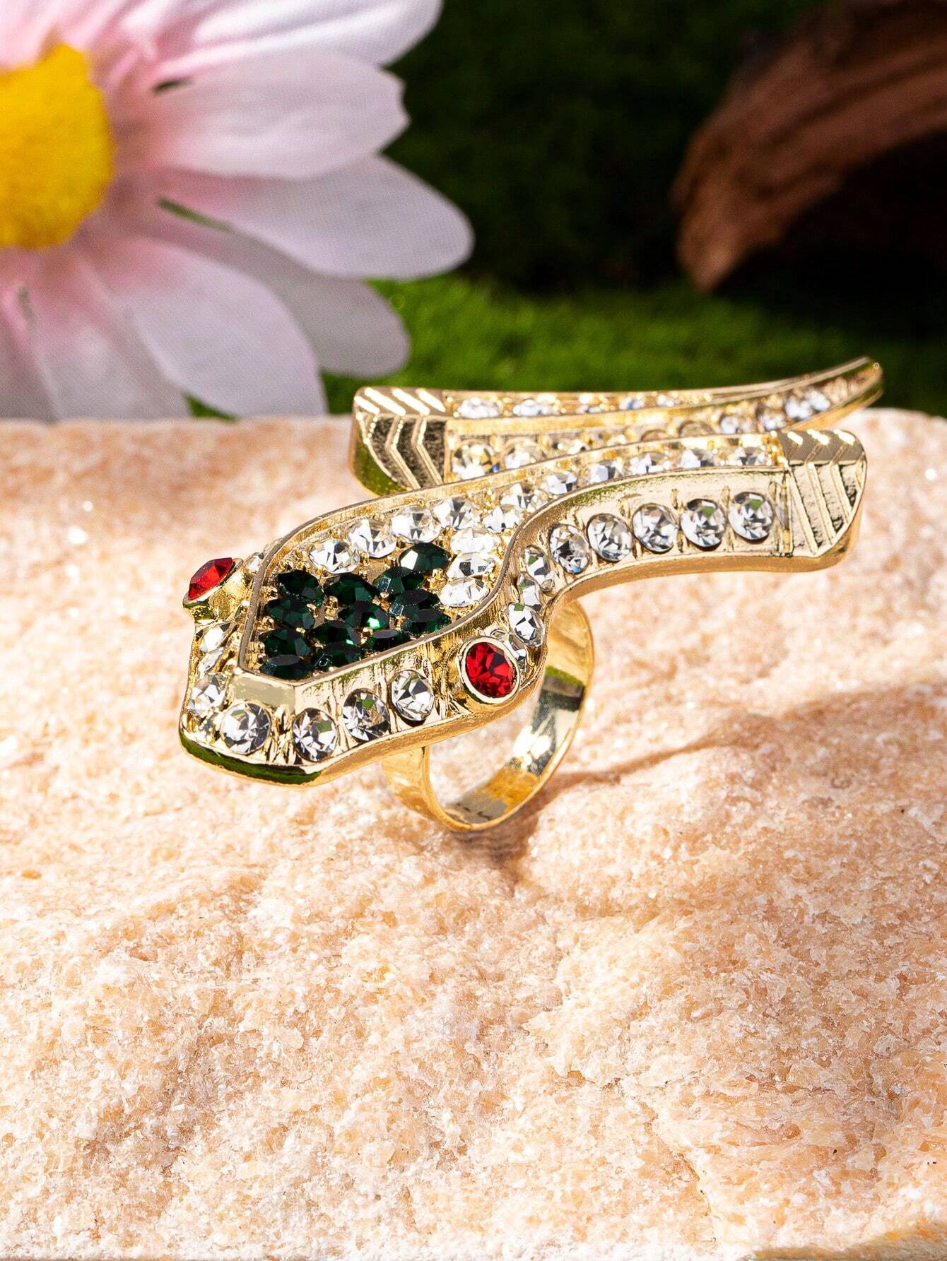 1pc European And American Personality Fashionable Daily Wear All-Match Gold Plated Snake Ring With Full Rhinestone Decor - Image 3