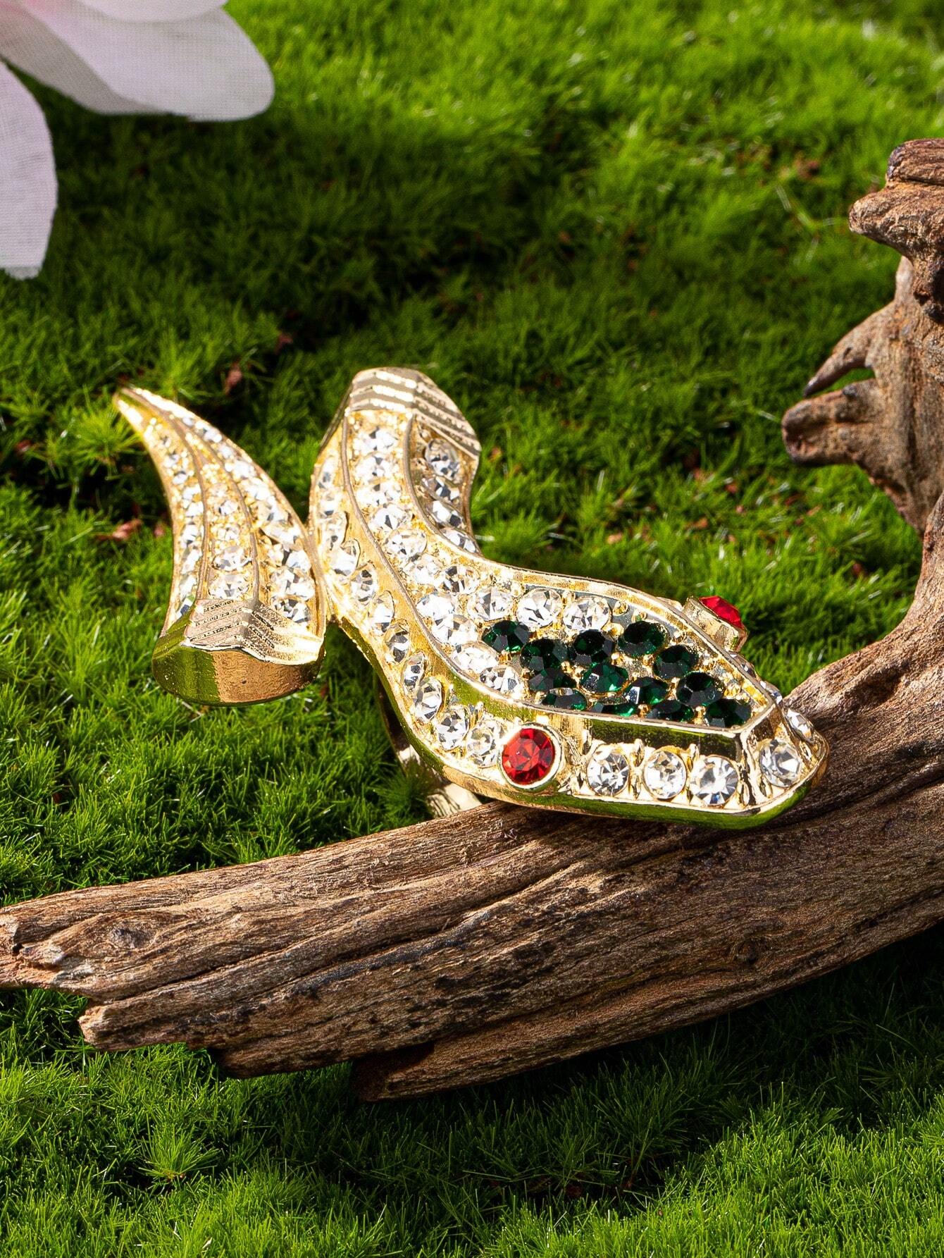 1pc European And American Personality Fashionable Daily Wear All-Match Gold Plated Snake Ring With Full Rhinestone Decor - Image 4