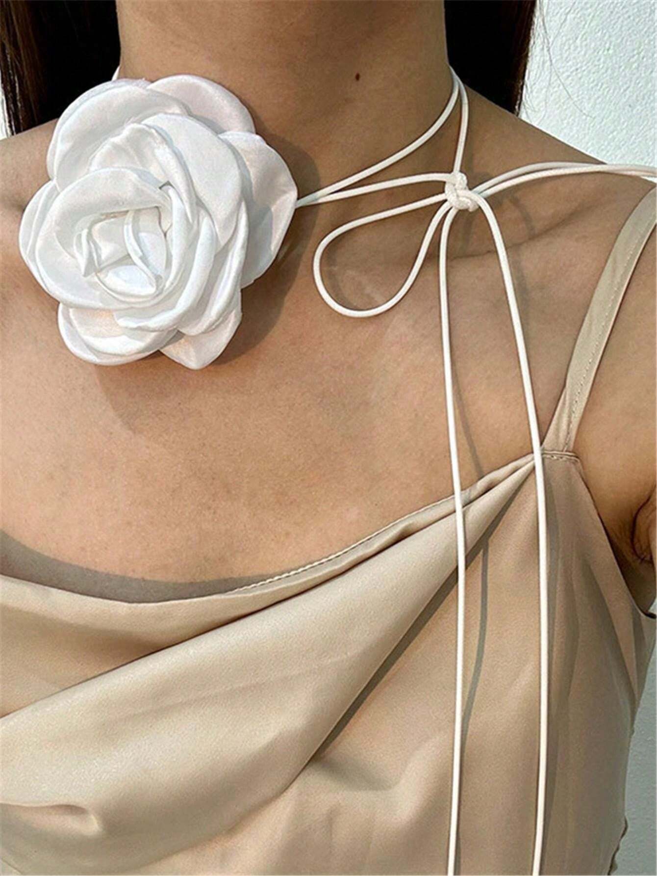 SHEIN 1pc Vintage French Style Burnt Edge Camellia Ribbon Tie Necklace For Women's Accessories