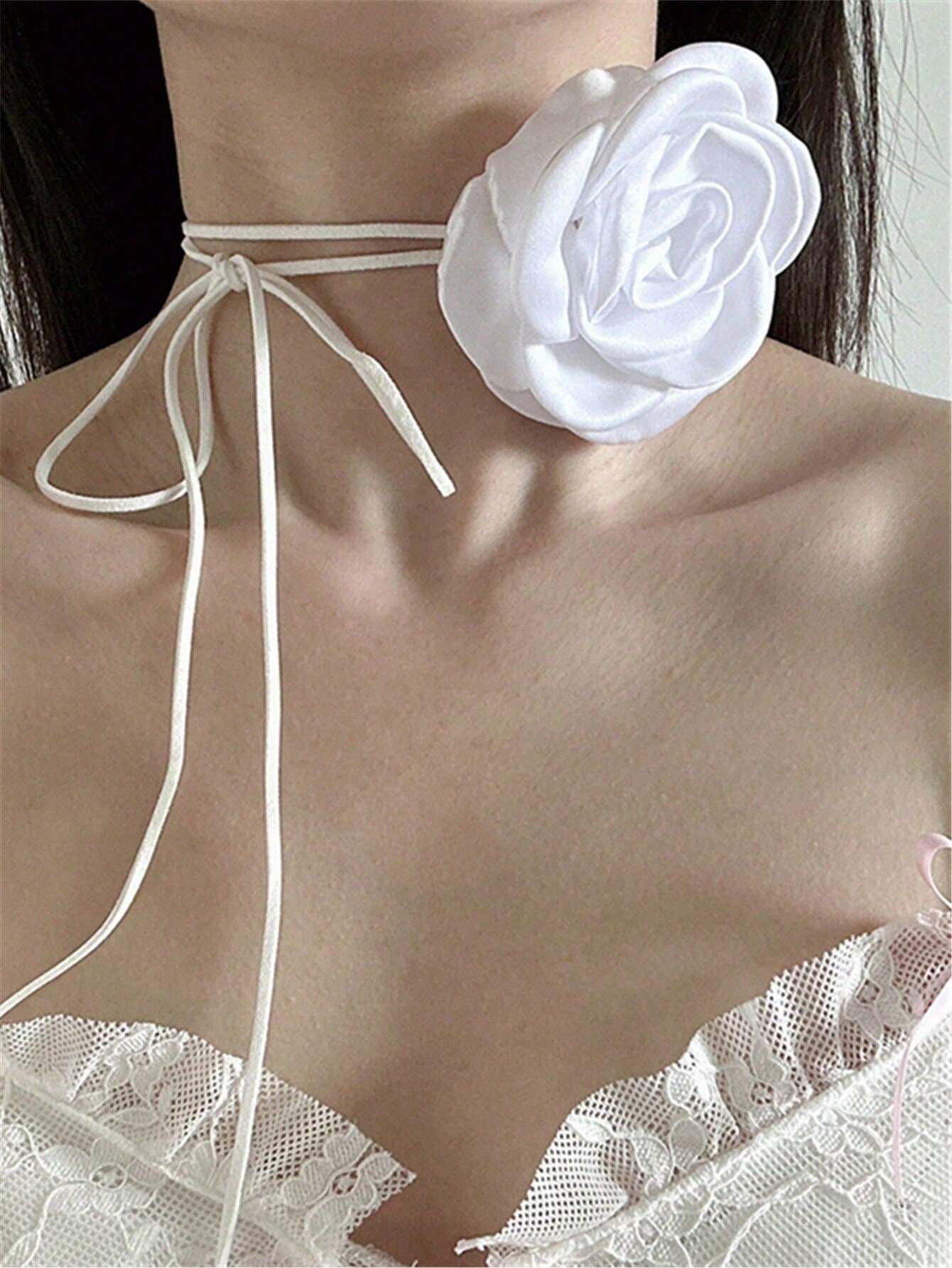 SHEIN 1pc Vintage French Style Burnt Edge Camellia Ribbon Tie Necklace For Women's Accessories - Image 3