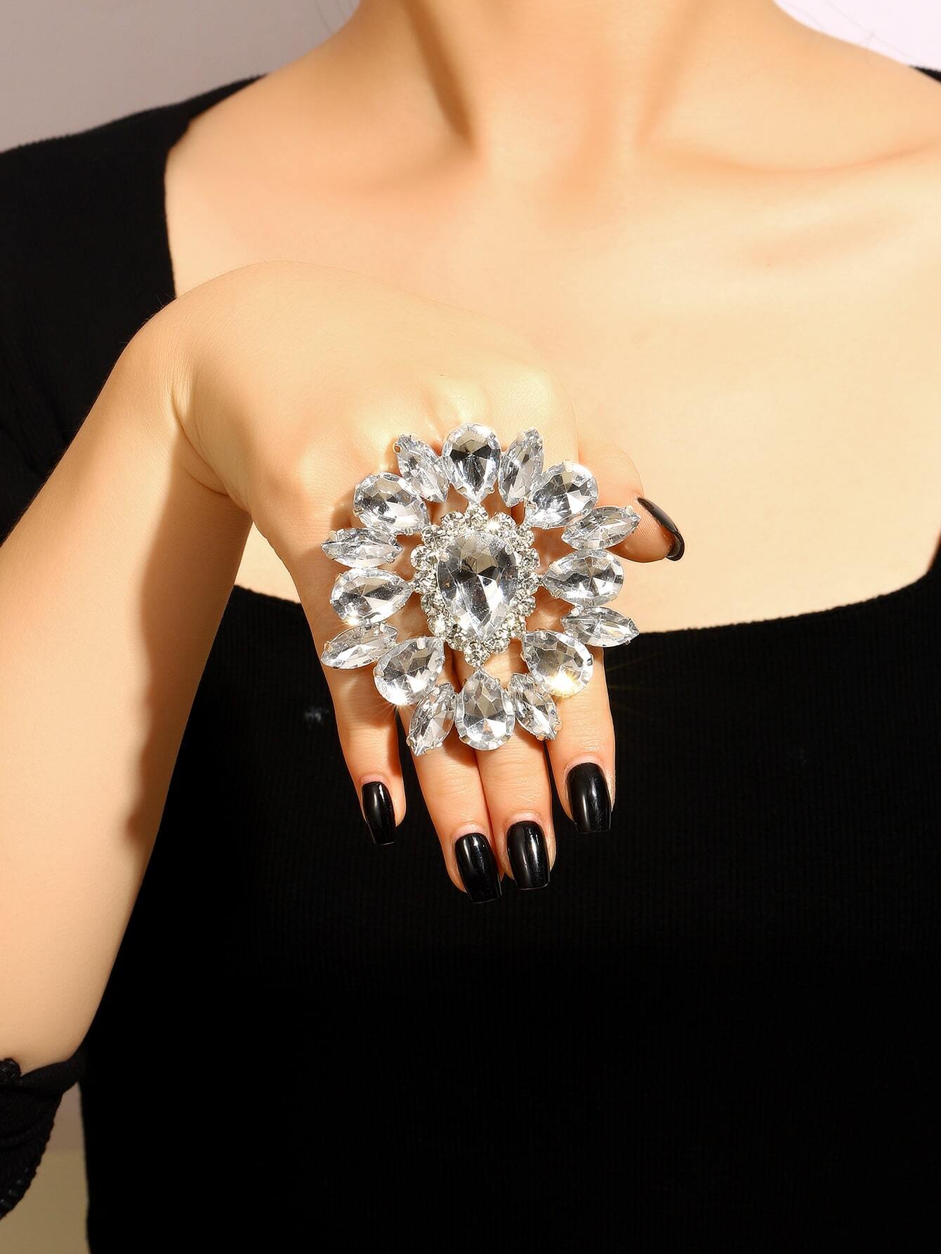 SHEIN INS Clear Rhinestone Acrylic Large Round Stone Open Ring Decoration for Women Crystal Big Circle Adjustable Finger Rings Jewelry - Image 2