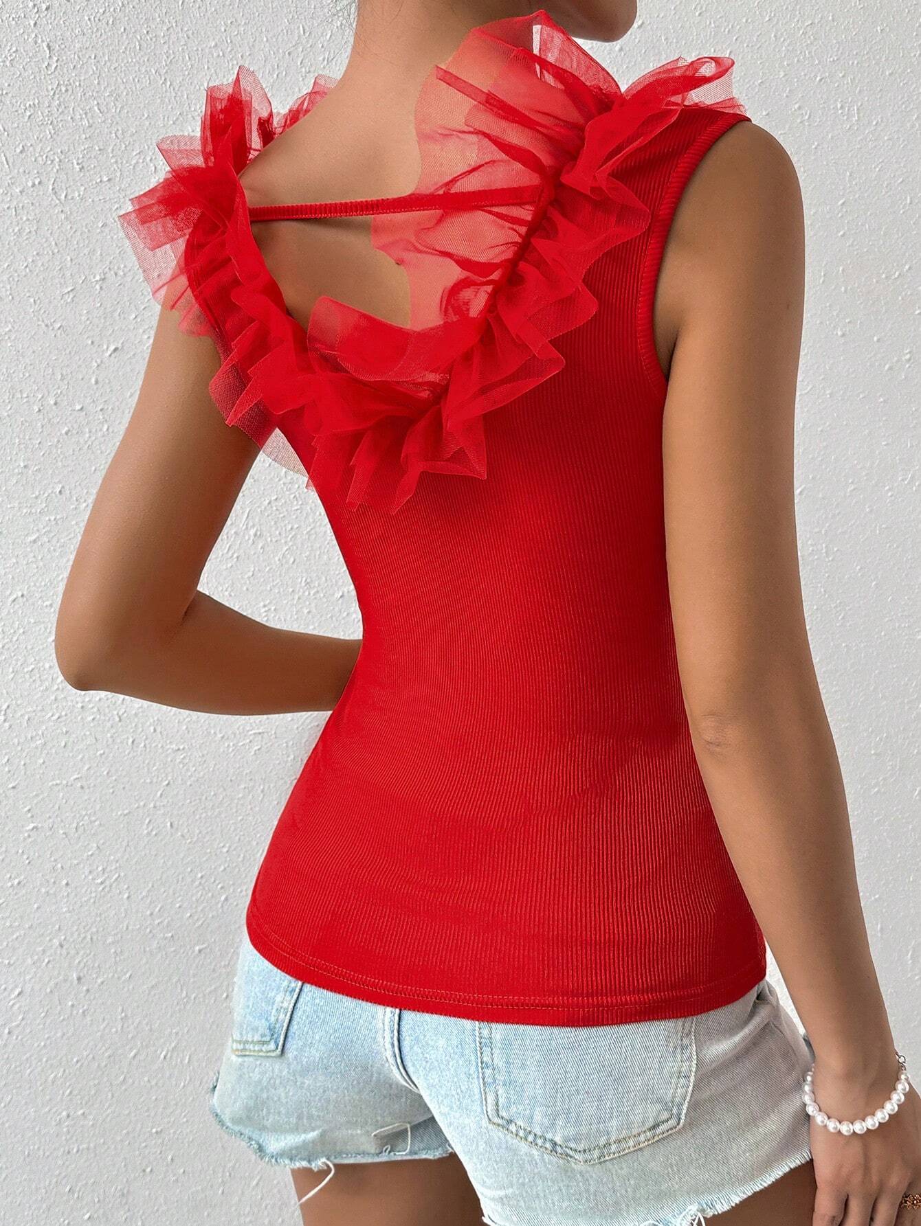 SHEIN Privé Solid Layered Mesh Patchwork Slim Fit Tank Top With Ruffle Hem - Image 2