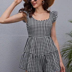 SHEIN Ruffle Armhole Flowy Hem Gingham Romper