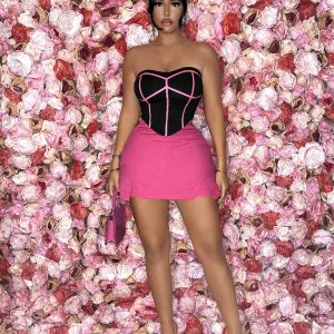 SHEIN SXY Ladies Sexy Pink Line Printed Bandeau Corset Top