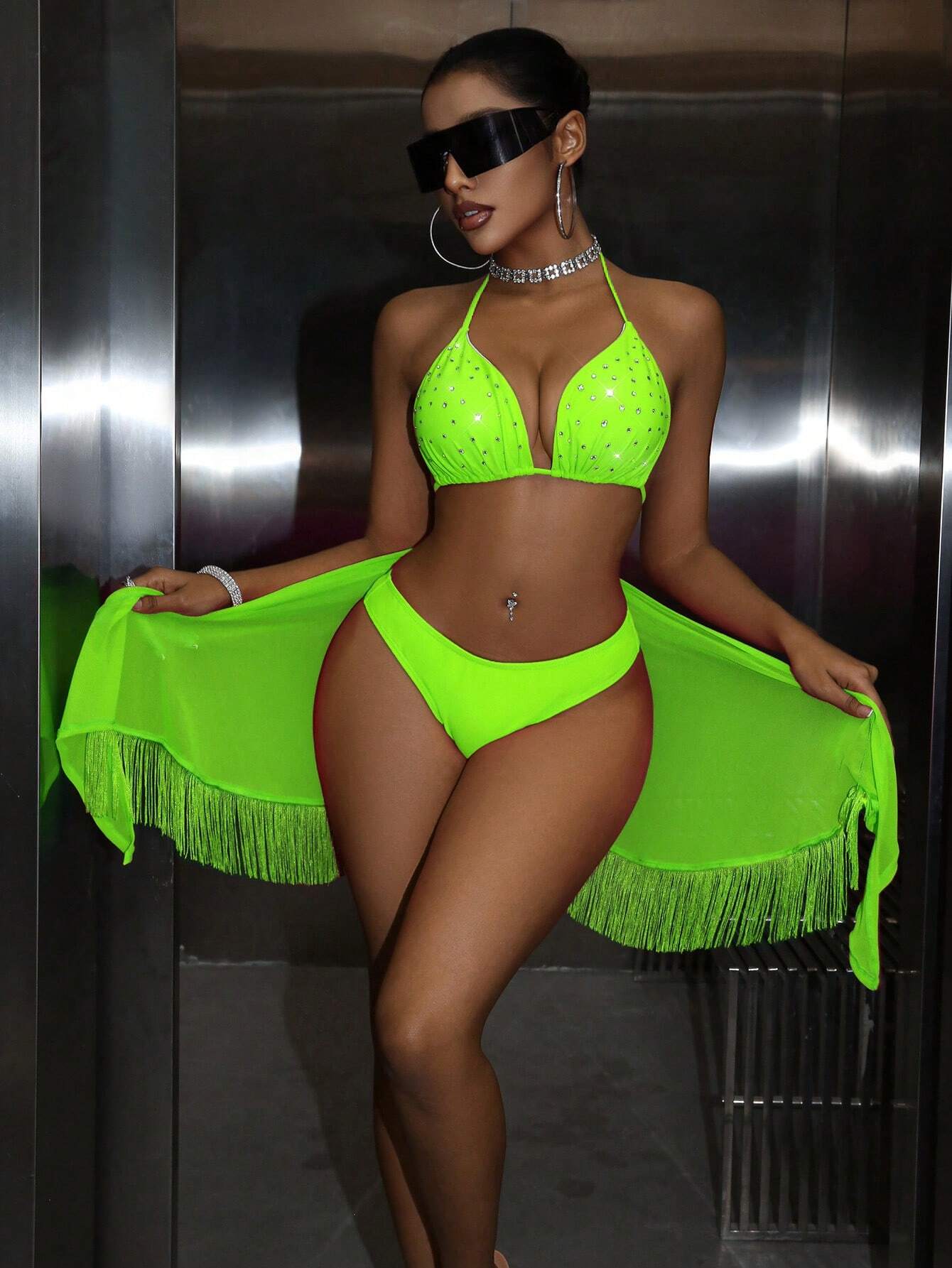 SHEIN Swim Vcay Summer Beach Women Holiday Fluorescent Green Rhinestone Studded Halter Neck Sexy Fashion Bikini Set, Matching Sheer Cover-Up And Half Skirt - Image 3